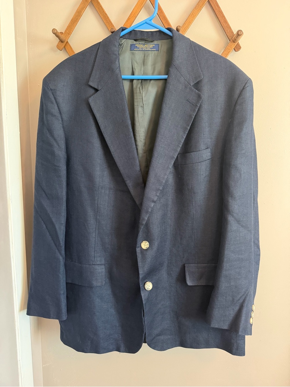 Brooks Brothers Vintage USA Navy Blue Linen Blazer Sport Coat Shoulder Pads 44R